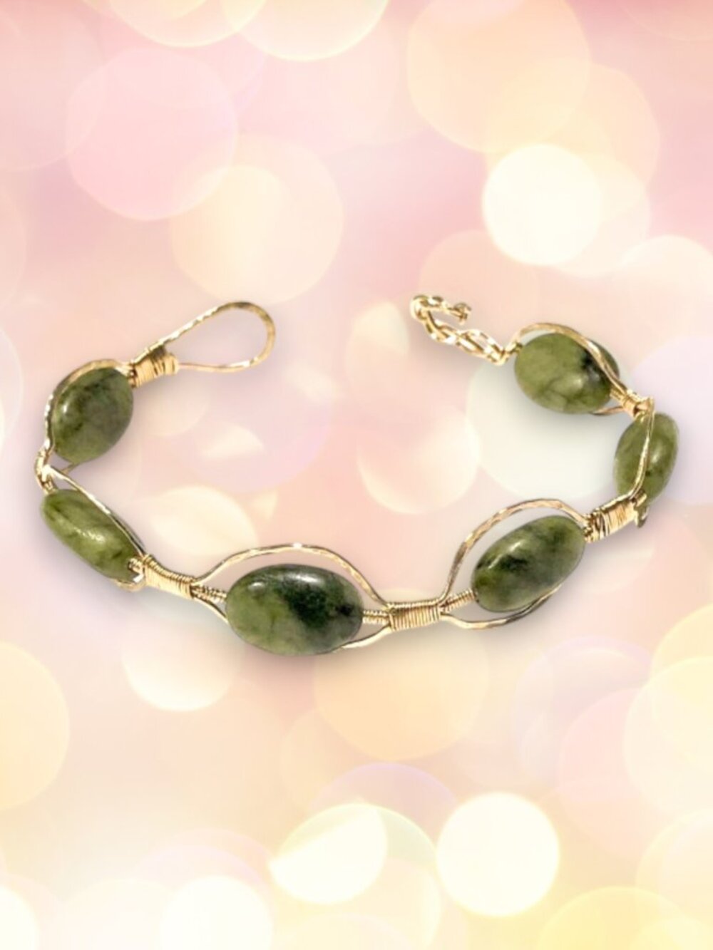 Mossy Taiwan Jade Wire Wrapped Bracelet in 14k Gold Filled Wire